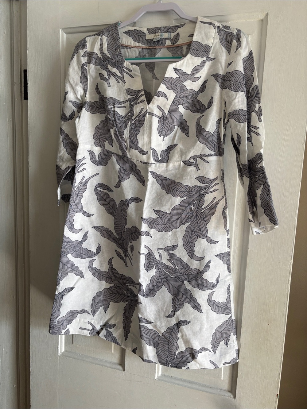 Boden White Mini Dress with Gray Leaf Print